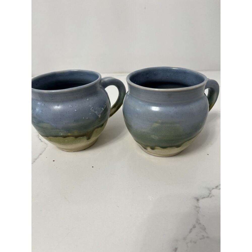 Mugs Vintage Studio Art Pottery Signed Drip Glazed Blue/Green 2 Matching